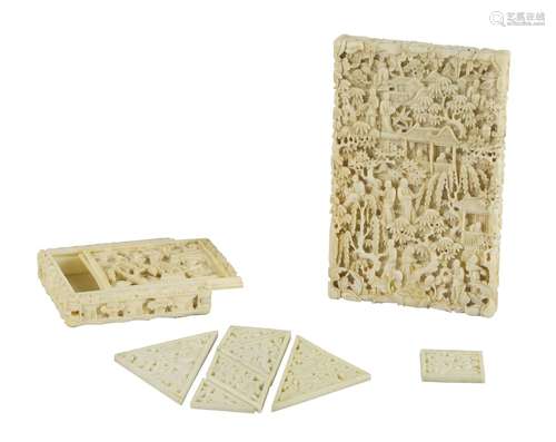 A Chinese Canton ivory puzzle and card case, mid-19th century, carved with figures in landscapes,