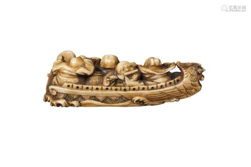 A Japanese ivory netsuke, late 19th century, carved as five deities in a narrow rowing boat with