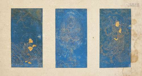 18th century Chinese School, three gold ink studies on blue gouache on paper, one a study of Xi