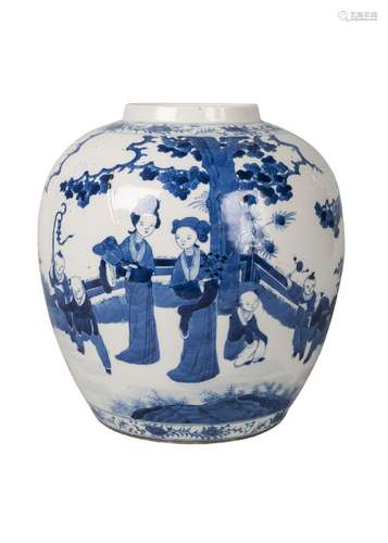 A Chinese porcelain jar, mid-19th century, painted in underglaze blue with two women and five