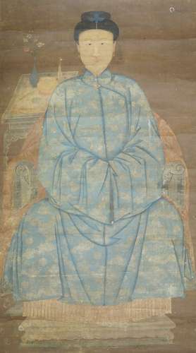 18th century Chinese School, ink and colour on silk, hanging scroll, ancestor portrait of a seated