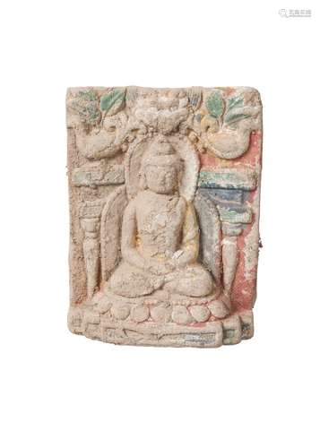 A Tibetan painted terracotta rectangular plaque, 18th century, depicting Buddha seated in