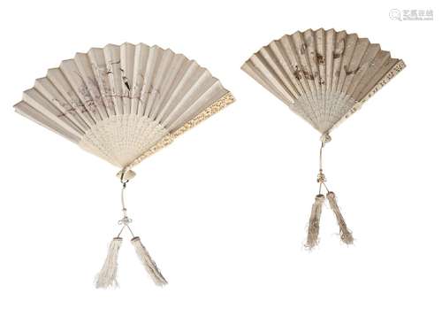 Two similar Chinese Canton ivory and silk embroidered fans, late 19th century, one with guard sticks