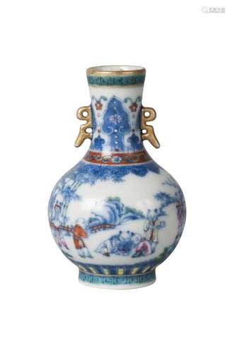 A Chinese porcelain doucai miniature bottle vase, Qianlong mark, late Qing Dynasty/Republic, painted