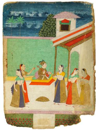 Four Indian miniature paintings on paper, 19th-20th century, one depicting a Mughal emperor, 23cm