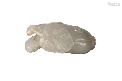 A Chinese pale green jade carving of a squirrel atop a gourd, late Qing dynasty, 5cm long