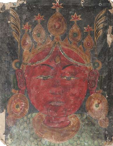 A Nepalese double-sided painting on board, 19th century, decorated with two forms of Tara, wearing a