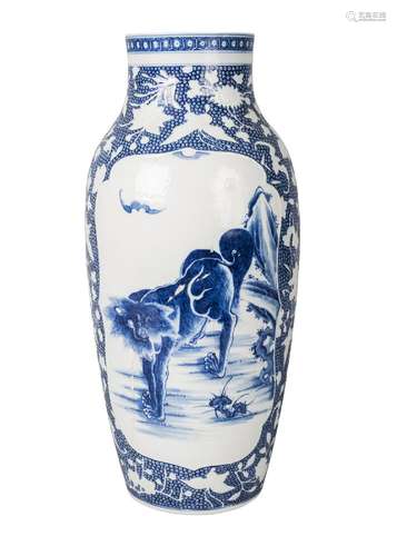 A Chinese soft-paste porcelain vase, 18th century, painted in underglaze blue with two panels