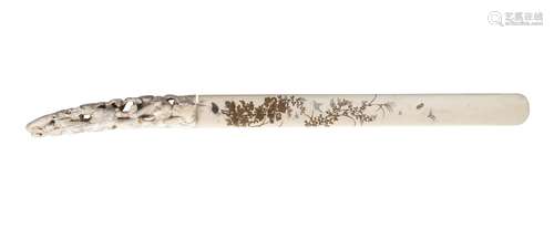 A large Japanese ivory Shibayama page-turner, late 19th century, the handle finely carved with