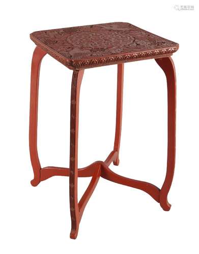 A Japanese cinnabar lacquer table top stand, late 19th century, the square top carved in low