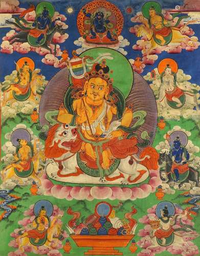 A Tibetan gouache painting on canvas, 19th century, depicting Jambhala, 39cm x 31cm