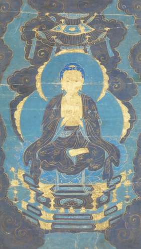 A Chinese painting on canvas, 19th century, depicting Shakyamuni Buddha seated in dhayasana on a