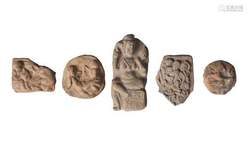 Five Indian terracotta votive plaques, Shunga period, 1st century BCE, decorated with various