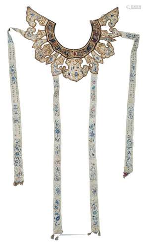 A Chinese silk embroidered collar, 19th century, with ruyi-shaped sections decorated with figures,