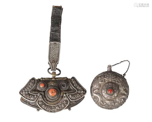 A Tibetan white metal and leather pouch and a white metal container, 19th century, the pouch set