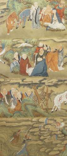 19th Century Chinese School, ink and colour on silk, Eighteen Arhat in a landscape, handscroll,