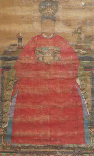 19th century Chinese School, ink and colour on silk, large hanging scroll, study of an Empress,