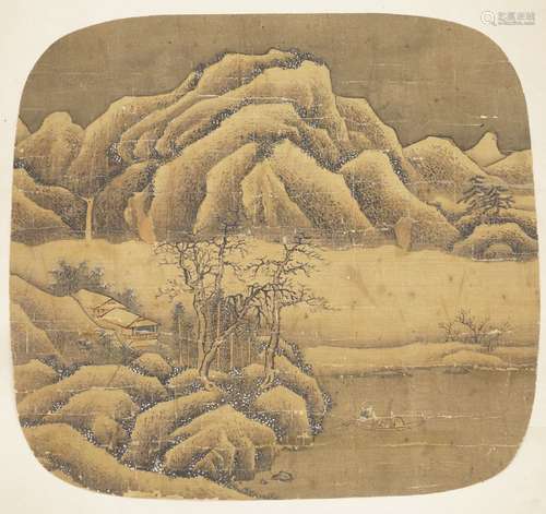 19th century Chinese School, ink and colour on silk, winter landscape scene with figures in a