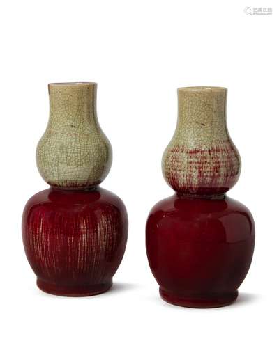 A pair of Chinese grey stoneware double-gourd sang de boeuf glazed vases, Qianlong period, decorated