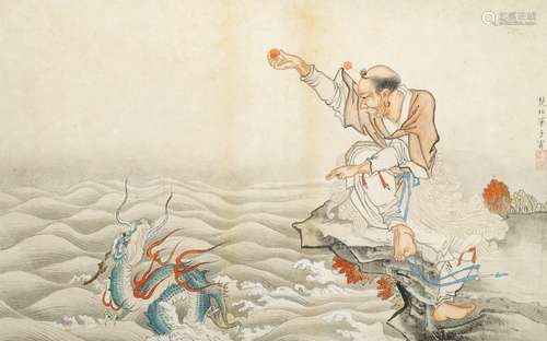 ANONYMOUS, Early 20th century Chinese School, Nantimitolo taming a dragon, ink and colour on