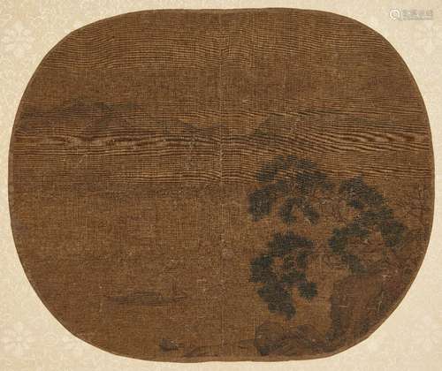 AFTER XIAO ZHAO (1131-1162), ink and watercolour on silk, expansive landscape with fisherman and