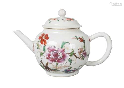 A Chinese export porcelain globular teapot, 18th century, painted in famille rose enamels with peony