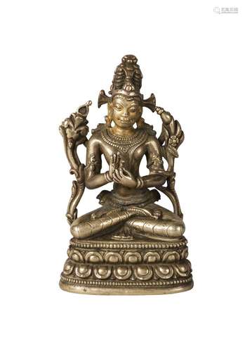 A Sino-Tibetan small gilt-bronze depicting Namasangiti Manjushri, 13th-14th century, seated in