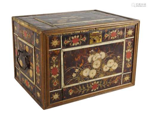 A Japanese tortoiseshell mounted table top cabinet, 17th/18th century, decorated to the exterior