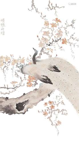 ANONYMOUS, Chinese watercolour on paper, two peacocks perched on a blossoming prunus branch, 41cm