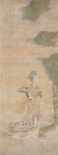 17th century Chinese School, ink and colour on silk, study of a lady of nobility beside a rocky