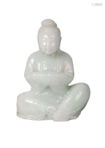 A Chinese jadeite carving of Guanyin, late Qing dynasty, carved seated, with arms folded and