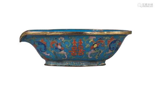 A Chinese imitation cloisonné quatrefoil pouring bowl, Qianlong mark and of the period, painted in