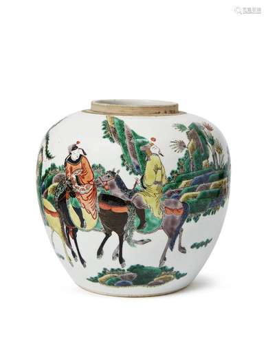 A Chinese porcelain jar, 19th century painted in famille verte enamels with riders on horseback in a