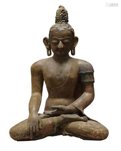 A large Nepalese painted stucco Buddha, 19th century, seated in Dhayasana with right hand in