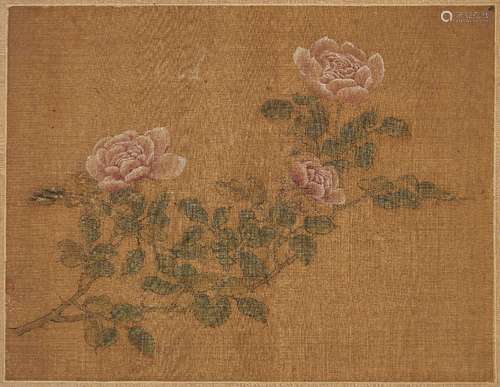 18th century Chinese School, ink and watercolour on silk, study of pink roses, indistinct seal