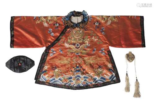 A Chinese silk embroidered 'dragon' jacket, 19th century, decorated with a confronting dragon amidst