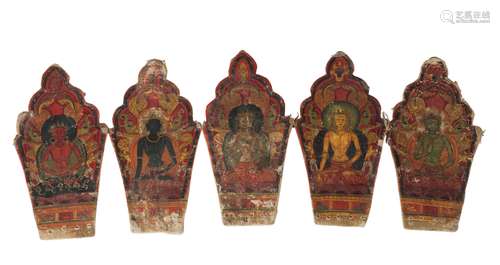 A Sino-Tibetan painted ritual crown (ringga), 14th/15th century, painted with the Five Tathagatas,