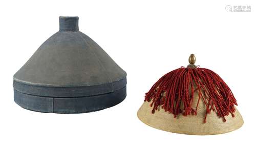 A Chinese Mandarin's summer court conical hat, late 19th century, of woven bamboo, with brass knop