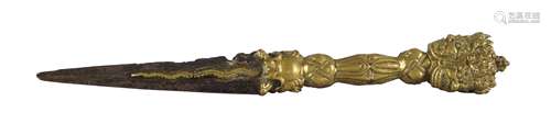 A Sinto-Tibetan polished bronze phurba, 18th/19th century, terminating in three heads, with iron