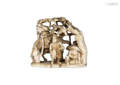 A Japanese ivory netsuke, late 19th century, carved as a warrior on horseback and three further