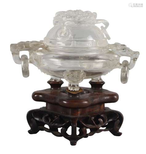 A Chinese rock crystal censer, 19th century, the cover carved with bat finial and three loose ring