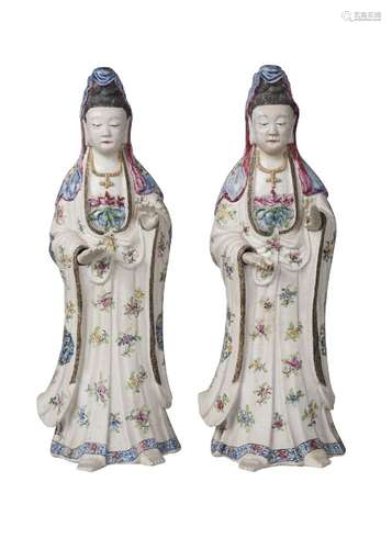 A pair of Chinese porcelain female figures, Qianlong period, painted in famille rose enamels with