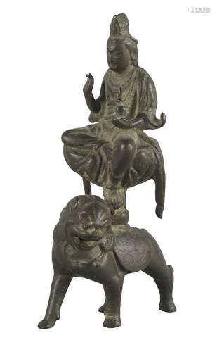 A Chinese bronze figure of Samantrabhadra on a lion, Song dynasty style, seated in lalitasana, the