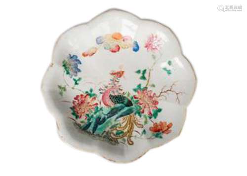 A Chinese porcelain leaf-shaped footed dish, mid 19th century, painted in famille rose enamels