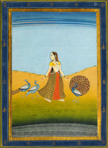 An Indian miniature painting, early 20th century, depicting a woman with three peacocks, with floral