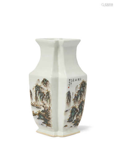 A Chinese porcelain twin-section vase, Republic period, painted to each side in enamels with a