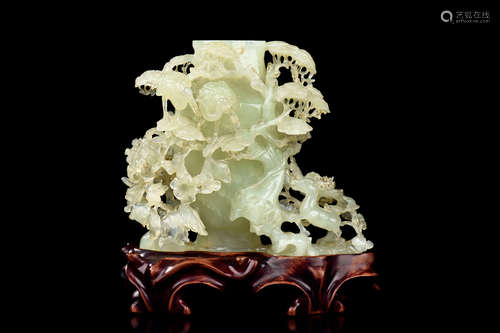 JADE CARVED 'FU LU SHOU' BOTTLE VASE WITH STAND