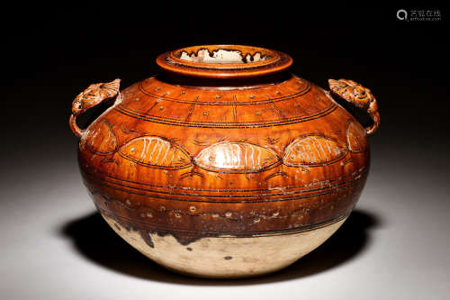 ORANGE GLAZED 'FISH' CLAY JAR