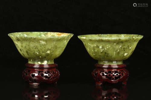 PAIR OF JADE CUPS WITH STANDS