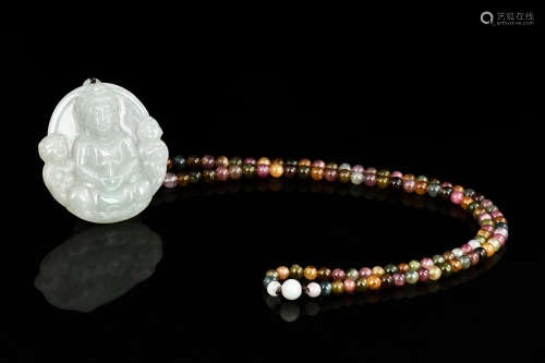 ICY JADEITE CARVED 'GUANYIN' PENDANT WITH TOURMALINE BEADS NECKLACE